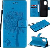 Voor OnePlus 8T Tree & Cat Pattern Pressed Printing Horizontale Flip PU lederen hoes met houder & kaartsleuven & portemonnee & lanyard (blauw)