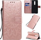 Voor OnePlus 8 Geperst afdrukken Zonnebloempatroon Horizontaal Flip PU-lederen hoes met houder & kaartsleuven & portemonnee & lanyard (roségoud)