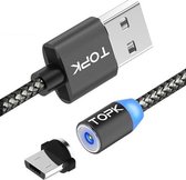 TOPK 2m 2.1A-uitgang USB naar micro-USB Mesh gevlochten magnetische oplaadkabel met LED-indicator (grijs)