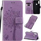 Voor Motorola Moto E7 Tree & Cat Pattern Pressed Printing Horizontale Flip PU lederen tas met houder & kaartsleuven & portemonnee & lanyard (lichtpaars)