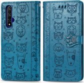 Voor Huawei Honor 20 Leuke Kat en Hond Reliëf Horizontale Flip PU Leren Case met Houder / Kaartsleuf / Portemonnee / Lanyard (Blauw)