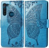 Voor Moto G8 Power Butterfly Love Flower Reliëf Horizontale Flip Leren Case met Beugel / Kaartsleuf / Portemonnee / Lanyard (Blauw)