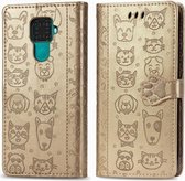 Voor Huawei Mate 30 Lite / Nova 5i Pro Leuke Kat en Hond Reliëf Horizontale Flip PU Lederen Case met Houder / Kaartsleuf / Portemonnee / Lanyard (Goud)