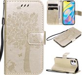 Voor iPhone 12 mini Tree & Cat Reliëfpatroon Horizontale Flip Leren Case met Houder & Kaartsleuven & Portemonnee & Lanyard (Goud)