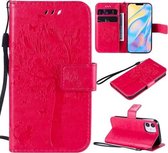 Voor iPhone 12 mini Tree & Cat Reliëfpatroon Horizontale Flip Leren Case met Houder & Kaartsleuven & Portemonnee & Lanyard (Rose Red)