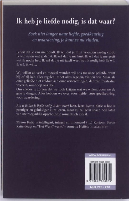 Achterkant van het boek 'Ik heb je liefde nodig, is dat waar?'. Tekst en ISBN-nummer zichtbaar.