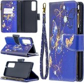 Voor Huawei P smart 2021 / Y7a Gekleurde Tekening Patroon Rits Horizontale Flip Lederen Case met Houder & Kaartsleuven & Portemonnee (Paarse Vlinders)