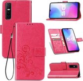 Voor vivo Y73S 5G vierbladige sluiting reliëf gesp mobiele telefoon bescherming lederen tas met lanyard & kaartsleuf & portemonnee & beugel functie (magenta)