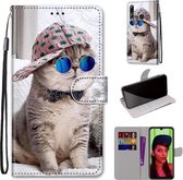 Voor Huawei P smart + 2019 / Enjoy 9s Gekleurde tekening Cross Texture Horizontale Flip PU lederen hoes met houder & kaartsleuven & portemonnee & lanyard (B20 Slant Hat Blue Mirror Cat)
