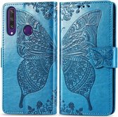 Voor Huawei Y6P vlinder liefde bloem reliëf horizontale flip lederen tas met beugel / kaartsleuf / portemonnee / lanyard (blauw)