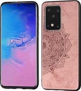 Voor Galaxy S20 Ultra Mandala stoffen hoes met reliëf PC + TPU mobiele telefoonhoes met magnetische functie en draagriem (roségoud)