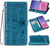 Voor Galaxy S10E schattige kat en hond reliëf horizontale flip lederen tas met beugel / kaartsleuf / portemonnee / lanyard (blauw)