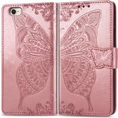 Voor iPhone SE 2020 Butterfly Love Flower Reliëf Horizontale Flip Leren Case met Beugel / Kaartsleuf / Portemonnee / Lanyard (Rose Goud)