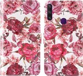 Voor Huawei Y6p 3D Schilderij Gekleurd Tekening Patroon Horizontaal Flip TPU + PU Lederen Hoesje met Houder & Kaartsleuven & Portemonnee & Lanyard (Kleine Rode Bloem)