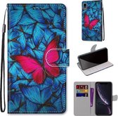 Gekleurde tekening Cross Texture Horizontale Flip PU lederen tas met houder & kaartsleuven & portemonnee & lanyard voor iPhone XR (blauw rood vlinder)