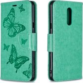 Two Butterflies Embossing Pattern Horizontale Flip Leather Case voor LG Q Stylo 5, met houder & kaartsleuven en portemonnee (groen)