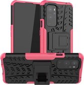 Voor OnePlus 9 Pro Tyre Texture Shockproof TPU + PC beschermhoes met houder (roze)