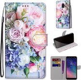 Voor Samsung Galaxy A6 2018 Gekleurde Tekening Cross Textuur Horizontale Flip PU Lederen Case met Houder & Kaartsleuven & Portemonnee & Lanyard (Lichtroze Boeket)