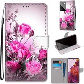 Voor Samsung Galaxy S21 Ultra 5G Gekleurde Tekening Cross Textuur Horizontale Flip PU Lederen Case met Houder & Kaartsleuven & Portemonnee & Lanyard (Wild Rose)