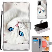 Voor Samsung Galaxy A42 5G Gekleurde Tekening Cross Textuur Horizontale Flip PU Lederen Case met Houder & Kaartsleuven & Portemonnee & Lanyard (Wit Kitten)