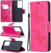 Voor Samsung Galaxy S21 Ultra 5G Embossing Two Butterflies Pattern Horizontale Flip PU Leather Case met houder & kaartsleuf & portemonnee & lanyard (Rose Red)