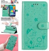 Voor Samsung Galaxy M01 Cat Bee Embossing Pattern Shockproof Horizontale Flip Leather Case met houder & kaartsleuven & portemonnee (groen)