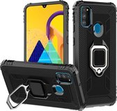 Voor Galaxy M21 koolstofvezel beschermhoes met 360 graden roterende ringhouder (zwart)