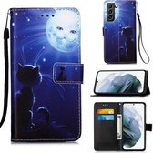 Voor Samsung Galaxy S21 + 5G Gekleurd tekeningpatroon Vlak geweven horizontaal Flip lederen hoesje met houder & kaartsleuf & portemonnee & lanyard (kat en zon)