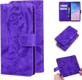 Voor Samsung Galaxy S10 Tiger Embossing Pattern Horizontale Flip lederen tas met houder & kaartsleuven & portemonnee (paars)