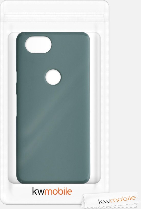 Blauwgroen telefoonhoesje in verpakking, met kwmobile logo.
