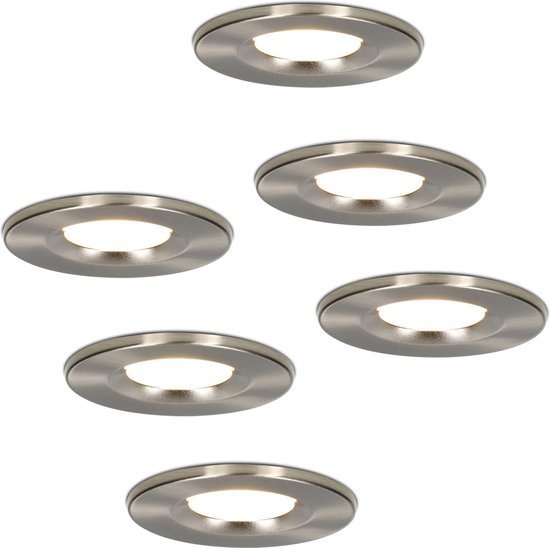 HOFTRONIC Venezia - Set van 6 LED inbouwspots RVS - IP65 waterdicht - Dimbaar - 6 Watt 600 lumen - Met lichtbron - 2700K Warm wit licht - Zaagmaat 65mm - inbouwdiepte 45mm - Geschikt voor badkamer, woonkamer, veranda en carport - 3 jaar garantie