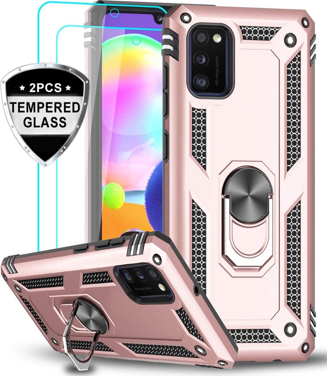 Hoesje Geschikt Voor Samsung Galaxy A41 Ring Armor hoesje + 2x Screenprotector - Rosegoud