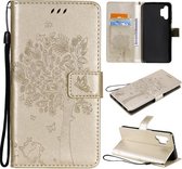 Voor Samsung Galaxy A32 5G Boom & Kat Patroon Geperst Afdrukken Horizontale Flip PU Lederen Case met Houder & Kaartsleuven & Portemonnee & Lanyard (Goud)