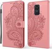 Voor Xiaomi Redmi Note 9 Pauw Reliëfpatroon Horizontale Flip Leren Case met Houder & Kaartsleuven & Portemonnee & Lanyard (Roze)