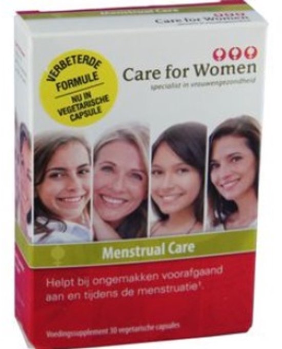 Doos met vier lachende vrouwen. Care for Women Menstrual Care: verbeterde formule, nu in vegetarische capsule.