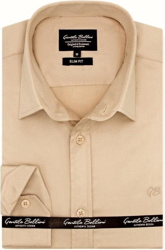 Heren Overhemd - Slim Fit - Luxury Plain Satijn - Beige - Maat XL