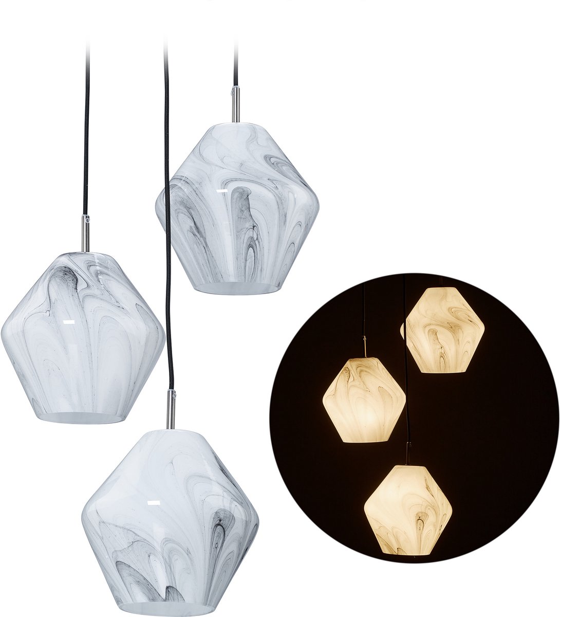 relaxdays hanglamp 3 lichts - eetkamerlamp - plafondlamp marmer design - E14 - glas