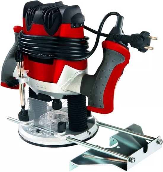 Einhell bovenfrees, rood met zilveren accenten en zwarte handgrepen, met snoer.