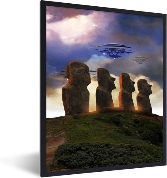 Photo encadrée - Une illustration d'un OVNI au dessus du cadre photo de l'île de Pâques noir 60x80 cm - Affiche encadrée (Décoration murale salon / chambre)