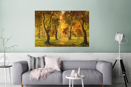 Une illustration d'une forêt au soleil d'automne poster 180x120 cm - Tirage photo sur Poster (décoration murale salon / chambre) / Poster Arbres XXL / Groot format!