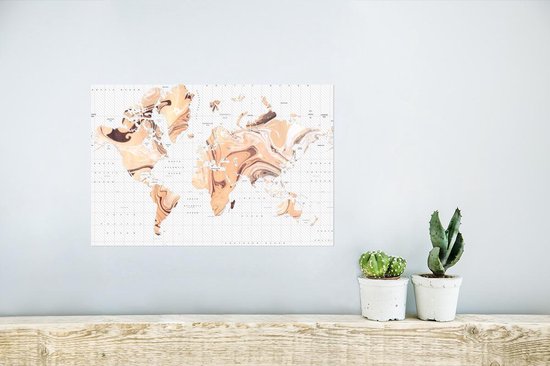 Poster Wereldkaart - Verf - Bruin - 30x20 cm