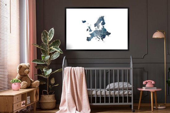 Fotolijst incl. Poster - Kaart Europa - Blauw - Aquarelverf - 120x80 cm - Posterlijst