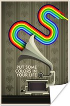 Poster Regenboog - Vintage - Grammofoon - Muziek - Quotes - Put some colors in your life - 120x180 cm XXL