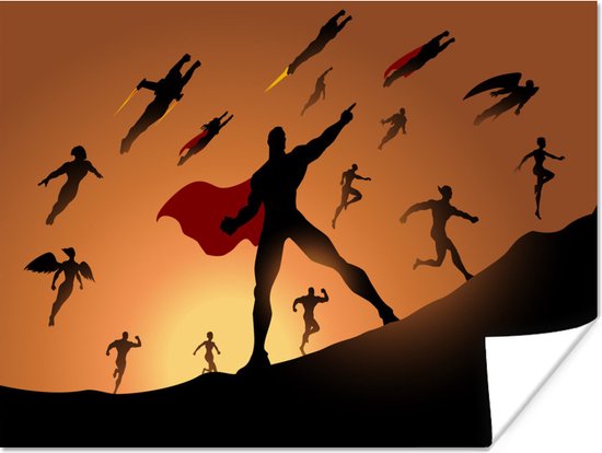 Poster Kinderillustratie van de silhouetten van aanvallende superhelden - 120x90 cm