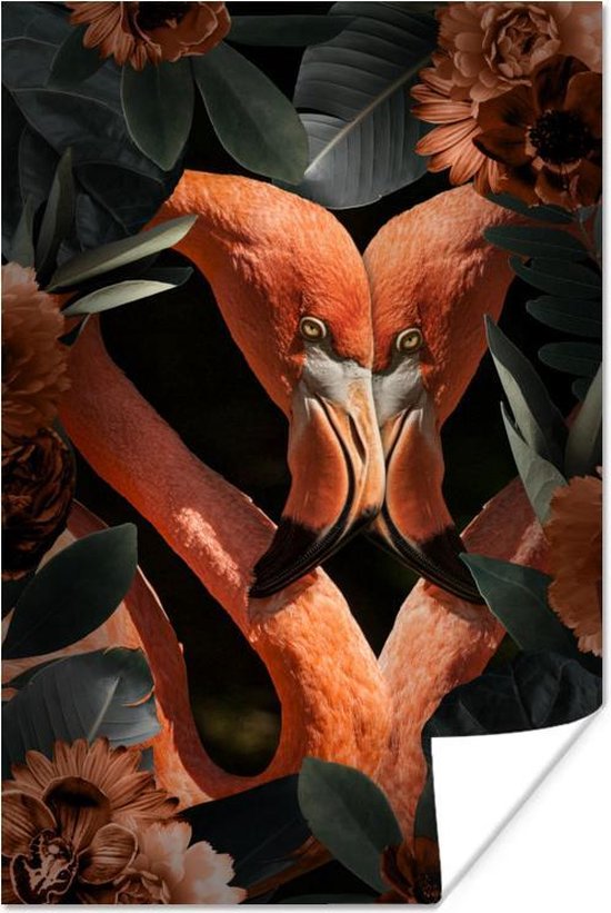 Twee flamingo's tussen de bladeren en bloemen 120x180 cm XXL / Groot formaat! - Foto print op Poster (wanddecoratie woonkamer / slaapkamer)