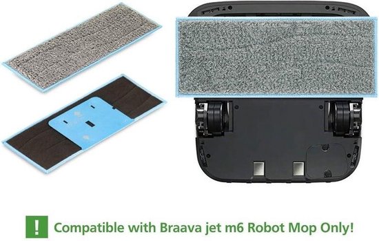Twee grijze reinigingspads met blauwe rand, één op de robotstofzuiger en één ernaast.