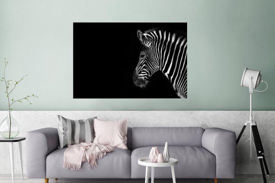 Poster Zebra sur fond noir papier 180x120 cm - Tirage photo sur Poster (décoration murale salon / chambre) / Poster Animaux sauvages XXL / Groot format!