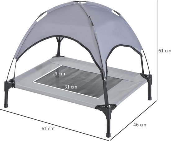 Grijze hondenligbed met zonnedak en zwart frame, met afmetingen: 61x46x61 cm.