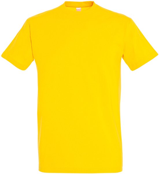 Voorkant van een goudkleurig heren T-shirt met korte mouwen, effen.