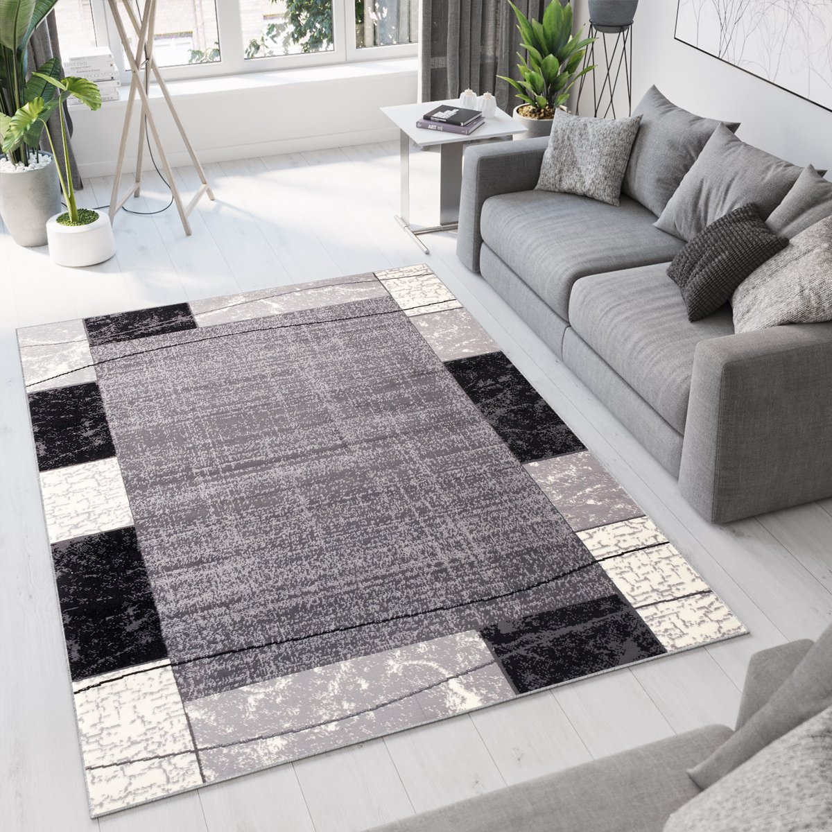 Tapiso Dream Vloerkleed Grijs Woonkamer Modern Laagpolig Frame Tapijt Maat- 80x150